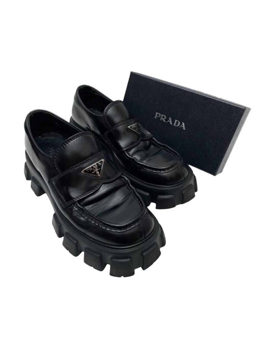 Prada Leather Triangle Plate Logo Monolith Loafers Thick Sole Black